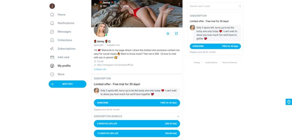 Jenny OnlyFans model - onlyfans.com webpage
